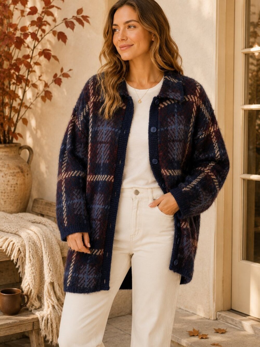 Vintage Mohair Plaid Oversized Grandpa Cardigan Navy Burgundy M
